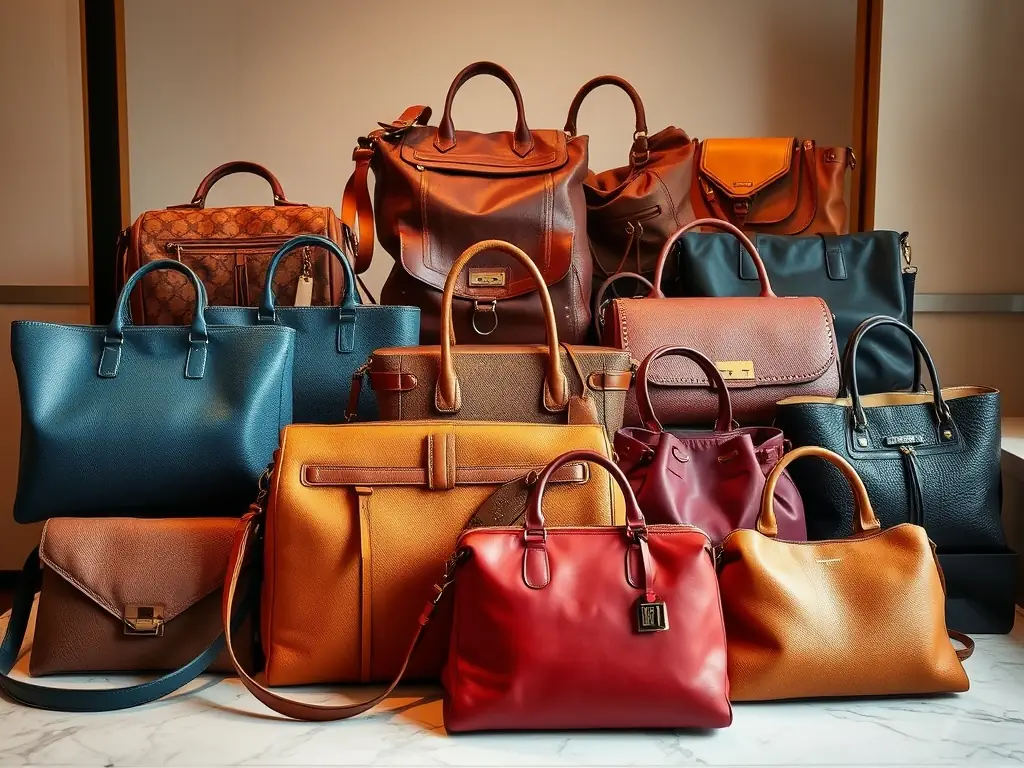 A display of various premium leather handbags and wallets in a boutique setting, highlighting the elegant designs and sophisticated appeal of the Ace Trading Premium Leather Collection.