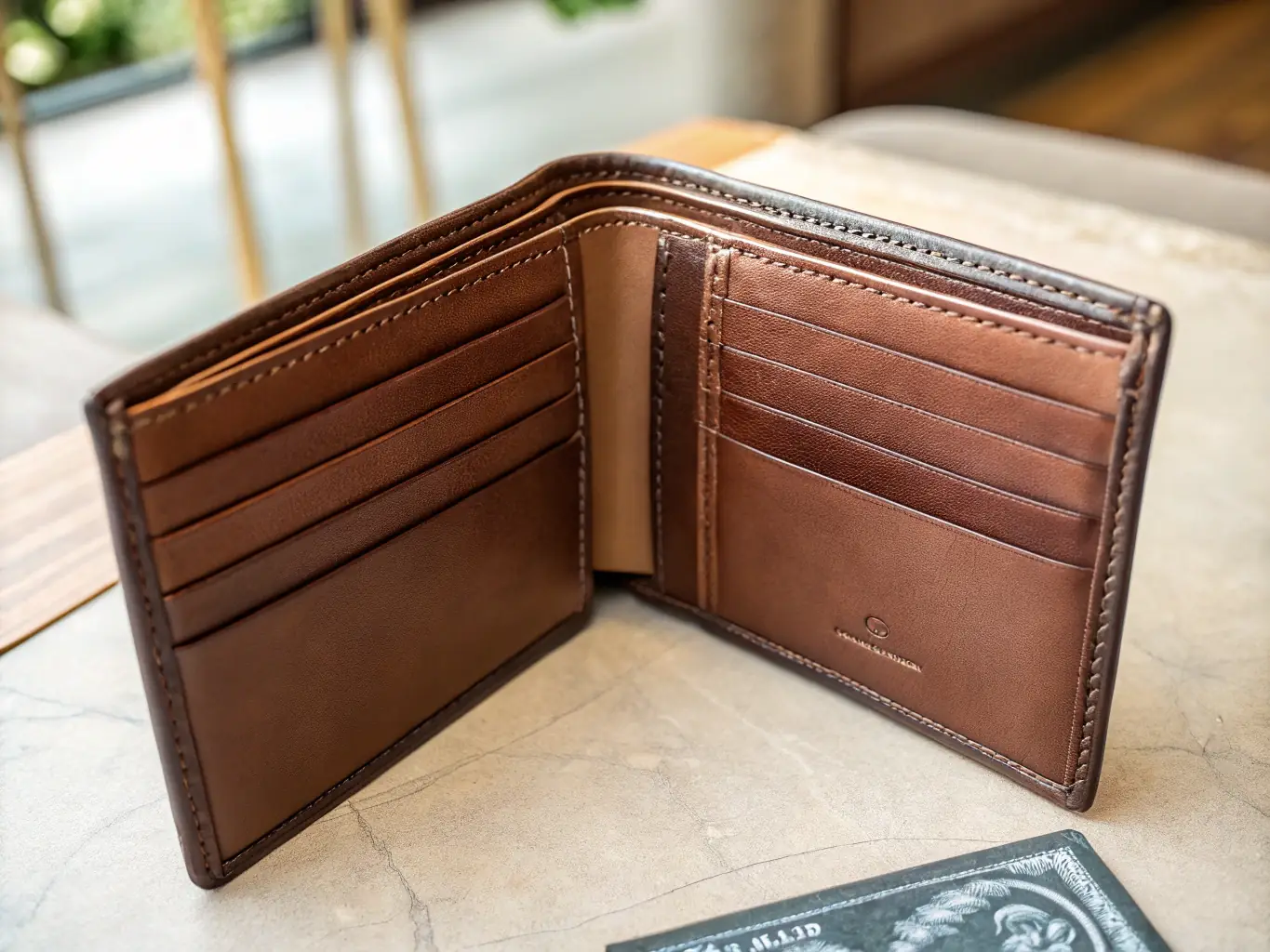 A detailed shot of the interior of a premium leather wallet, showcasing the multiple card slots and compartments designed for optimal organization and functionality in the Ace Trading Premium Leather Collection.