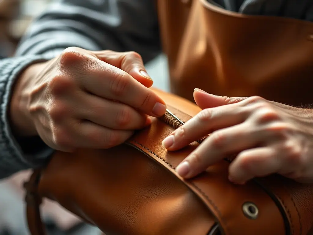 A close-up shot of a craftsman's hands meticulously stitching a premium leather handbag, showcasing the attention to detail and quality materials used in the Ace Trading Premium Leather Collection.